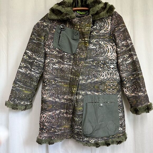 CUSTO Growing Sheep army green print faux fur lining trench coat 8 - Picture 3 of 14
